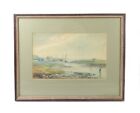 Antique Vintage Maritime Harbor Watercolor Painting Seascape Ships Signed