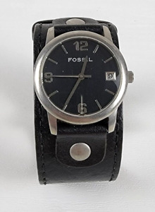 Fossil Watch Silver Round Black Leather Bracelet Band