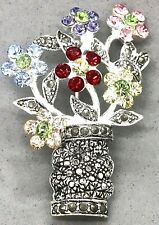Silver Tone Pastel Rhinestone Marcasite Flower Bouquet in Vase Pin Small Brooch