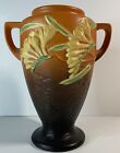 Vintage 1945 Roseville Pottery 121-8 Brown & Orange Freesia Double Handled Vase