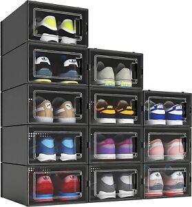 MELDEVO 12 Pack Shoe Organizer Boxes, Black Plastic Stackable Shoe Storage Bins