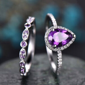 925 Sterling Silver Purple Amethyst Rings Set Women Wedding Jewelry Size 6-10