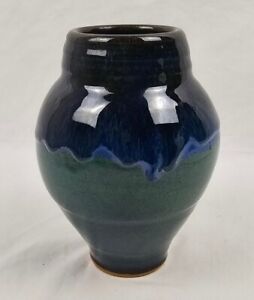 New ListingVintage Handmade Pottery Vase Drip Swirl Glaze Blue And Aqua Artist Signed