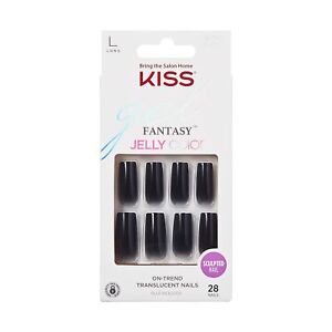KISS Gel Fantasy Press On Nails, Nail glue included, 'Jelly Gelée', Black, Long