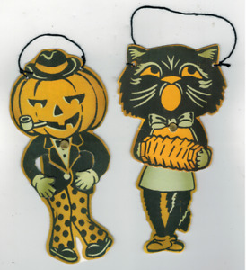 2 Vintage Die-Cut Halloween Figures Black Cat Squeeze Box Pumpkin Smokes Pipe