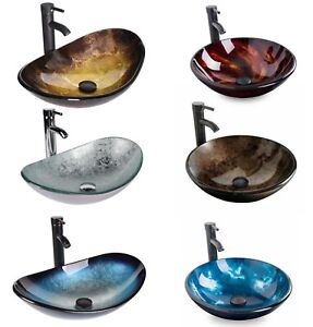 Bathroom Vessel Sink Tempered Glass Wash Basin Bowl Vanity w/Faucet Pop up Drain
