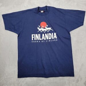 Vintage Finlandia Vodka Shirt Mens XL Blue Single Stitch Deer Antler USA Adult