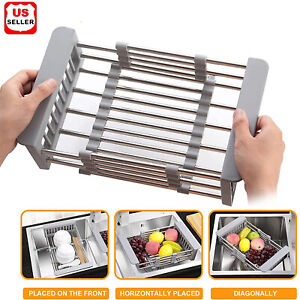 Adjustable Stainless Steel Kitchen Dish Drying Sink Rack Drain Strainer Basket♪