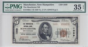 New Listing1929 Manchester National Bank $5 Note Type 2 T2 NH CH# 1059 PMG VF 35 EPQ