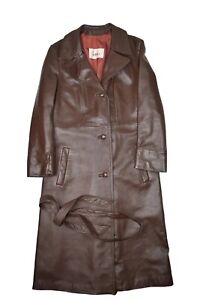Vintage Hess's Leather Coat Womens S Brown Long Trench Overcoat Belted