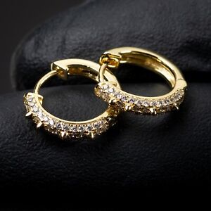 Men’s Small 14k Gold Plated Sterling Silver Spiked Iced Cz Huggie Hoop Earrings