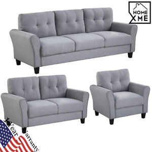 Modern Linen Sofa Set Upholstered Couch Loveseat Armchair Living Room Grey