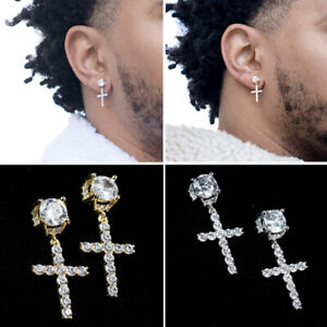 Cross Earrings Zircon Ear Stud Stainless Steel Band Men Women Earring Jewelry □