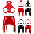 Womens Wet Look Patent Leather Lingerie Set Club Bra Tops with Garters Nightwear