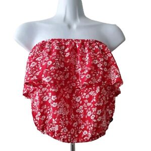 Hollister Strapless Ruffled Red Crop Tube Top Blouse White Floral Size XS NWT