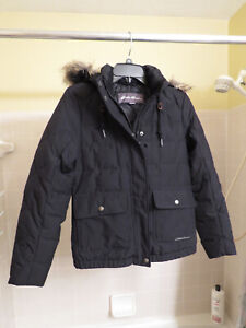 Womens Eddie Bauer Down Jacket/Coat Black XS Hood w/ Removable Fur Trim - NICE!