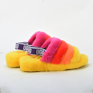 UGG Pride Rainbow Fluff Yeah Slide Sheepskin Slipper Sandal Fur Size 5 6 7 8 9