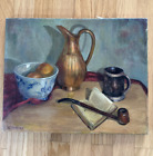 Beautiful Antique Still Life Oil Painting Of Chinoiserie Bowl Book Pipe Pitcher
