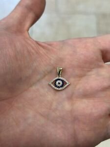 14k Solid Gold Greek Evil Eye Sapphire Pendant, Dainty Eye Pendant, Genuine 14k