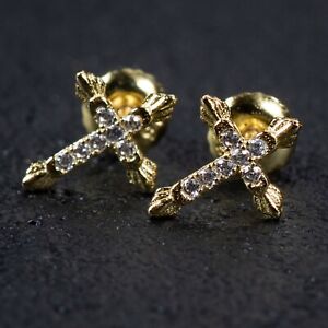 Mens Gold Plated Small Cross Sterling Silver Iced Fashion Stud Earrings