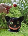 Vintage Dept 56 Halloween Glitter Cat Head Bucket or Pail Paper Mache Black Cat