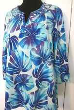 Palm Island Women XL Blue Floral Embellished Blouse/Top/Tunic 3/4 Sleeve V-Neck