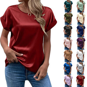 Women Satin Silk T-Shirt Tee Short Sleeve Ladies Loose Casual Tunic Tops Blouse