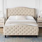 Upholstered Bed Frame Queen King Size Metal Platform Bed with Headboard Beige