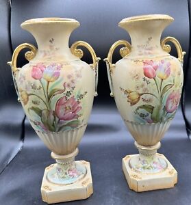 Antique Decorative Amphora Vases Handled Urn Hand Painted Tulips Porcelain