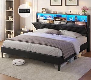 LED Bed Frame King Size Upholstered Bed Frame with Storage Headboard Black PU