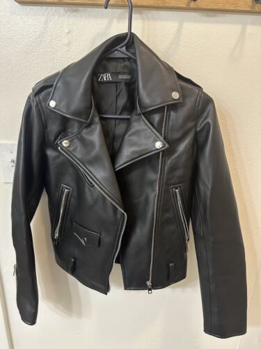 Zara Basic Jacket Moto Motorcycle Faux Leather Black Size XS