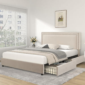 New ListingQueen Size Upholstered Platform Bed Frame with 4 Storage Drawers, Adjustable Vel