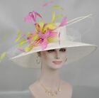 Wide Brim Sinamay Hat  Kentucky Derby Hat Whte w Lime Green Hot Pink