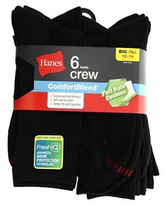 Hanes Crew Socks Men's FreshIQ ComfortBlend Cushioned, Black 12-14 (6 PAIRS)
