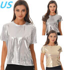 US Women Shiny Metallic Short Sleeve T-shirt Glossy Crewneck Tops Party Clubwear