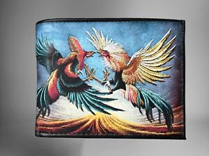 Roosters Printed Western Leather Wallet Billetera Vaquera De Piel Con Gallos