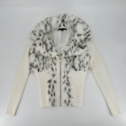 Boston Proper Women's Crop Faux Fur Jacket Size XS White Snow Leopard Knit Combo