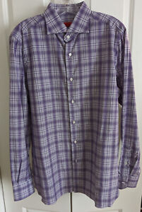 NWOT Isaia Napoli Plaid Purple Cotton Dress Shirt Mens Button Front Size 17/43