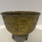 Vintage (1960's) 3 Footed Brass Planter Pot With Handles/Basket Weave/Brass