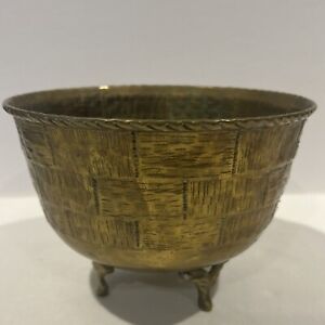 Vintage (1960's) 3 Footed Brass Planter Pot With Handles/Basket Weave/Brass