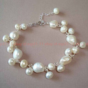 Fashion 7-12mm Natural White Freshwater Baroque Pearl Beads Bracelet 7.5''