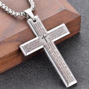 Cross Pendant Necklace for Men Boys Stainless Steel Lord's Prayer Bible Chain