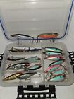 LARGE LOT OR FISHING LURES, 18 TOTAL, HARD BAITS, IN BOX, GREAT COND. MULTI SIZE