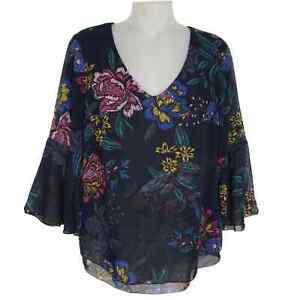Cabi Womens Blouse Size XS Olivia Floral 3/4 Bell Sleeve Navy Career V Neck 3506
