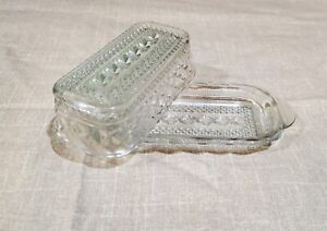 Antique Wexford by Anchor Hocking Glass Covered Butter Dish Diamond Cut with Lid