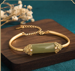 Green Jade Bangle Jade Charm Bracelet 18K Gold Plated Chain Dainty Gemstone