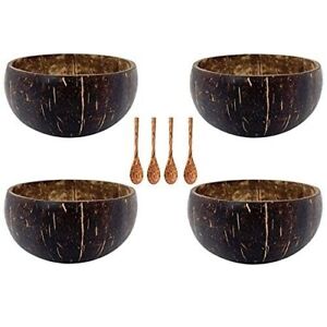4 Coconut Shell Bowls Premium Bowls and Wooden Spoon Set for Serving a S
