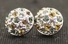 Vintage Tricolor Clear Pale Green Amber Crystal Pave Dome Pierced Earrings