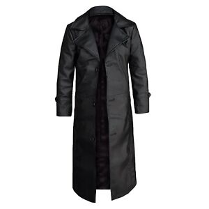 Men's Black Genuine Leather Full Length Long Classic Trench Coat