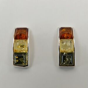 Genuine, Multi-Color BALTIC AMBER Square Post Earrings 925 STERLING SILVER #2422